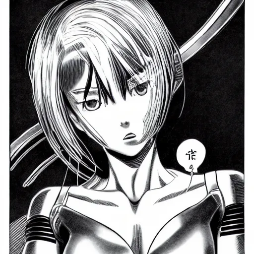 Image similar to alita by yukito kishiro. medium shot. black and white manga. pencil drawing.