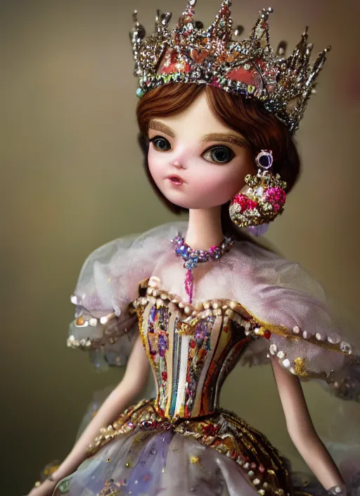 Image similar to closeup profile portrait of tin toy fairytale princess wearing a crown, depth of field, zeiss lens, detailed, symmetrical, centered, fashion photoshoot, by nicoletta ceccoli, mark ryden, lostfish, breathtaking, 8 k resolution, extremely detailed, beautiful, establishing shot, artistic, hyperrealistic, octane render
