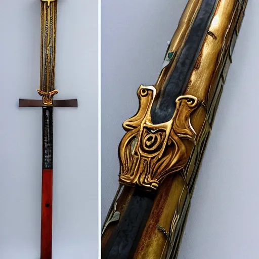 Prompt: <https://s.mj.run/5PDnHPqjU80> Heroic Border Frame containing a lone upright sword::150 Extremely detailed made of glowing&metal symmetrical sword longsword saber claymore katana with rune+engravings&sword+pointed&clean& tip&crossguard hiltguard hilt handle pommel Excallibur+angelic+holy+blade+weapon::120 by Bayward-wu+by Anato-Finnstark+by Naoki Ikushima::98 Artstation Game Concept Art+sword::110 Full body upright a lone sword display shot fully visible::105 China, Chinese, vines, roots, tentacles, narrow, thin, bladeless, hiltless, crossguardless, handleless, pommelless, people, two-swords, two-handles, extra hilt sheathe, clothes, blade off screen, robes, cloth, stabbing into the ground, out of frame