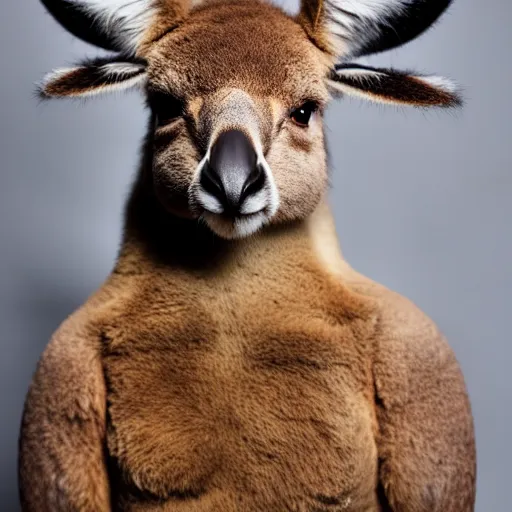 Image similar to a photo of a buff kangaroo man wearing a safari outfit, studio photography, 8 k