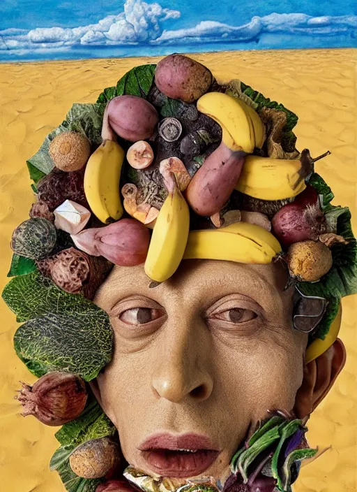 Prompt: jeff goldblum as a banana on the sand of a beach by arcimboldo giuseppe