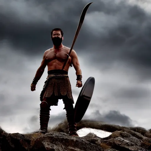 Image similar to cinematic action shot of joe biden as leonidas in 3 0 0 movie, 8 k, epic moody sky, dramatic lighting