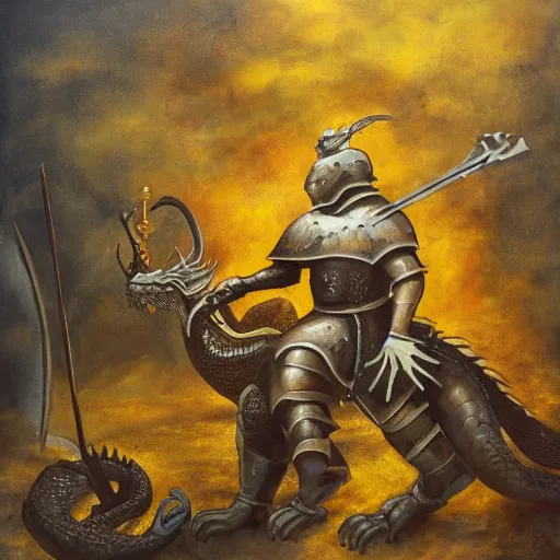 Prompt: armoured ginger man stands triumphantly on the corpse of a dragon, bloody spear in hand, oil painting, dramatic lighting