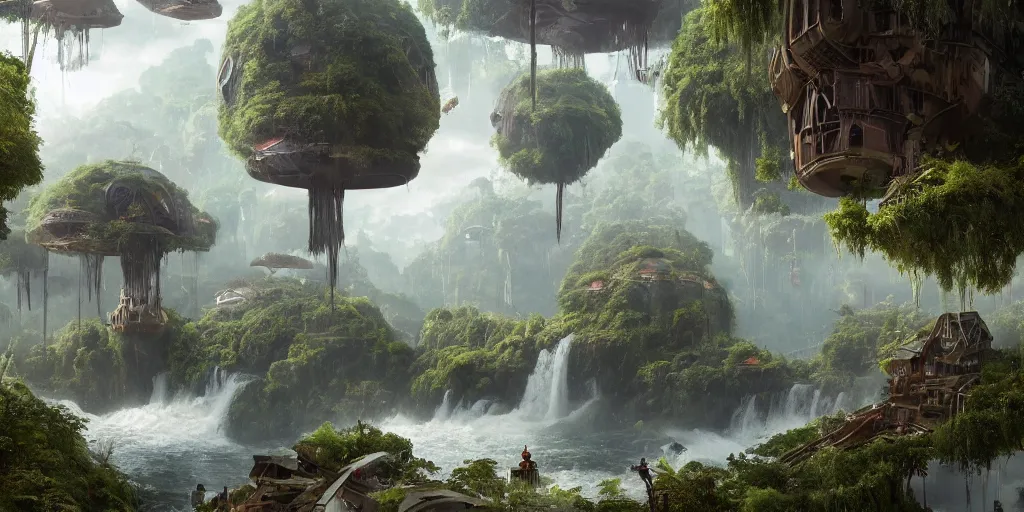 Image similar to Planet Overgrown with hanging houses and buildings, waterfalls, floating trees, floating alien whale, Greg Rutkowski, Darek Zabrocki, Karlkka, Jayison Devadas, Phuoc Quan, trending on Artstation, 8K, ultra wide angle, pincushion lens effect