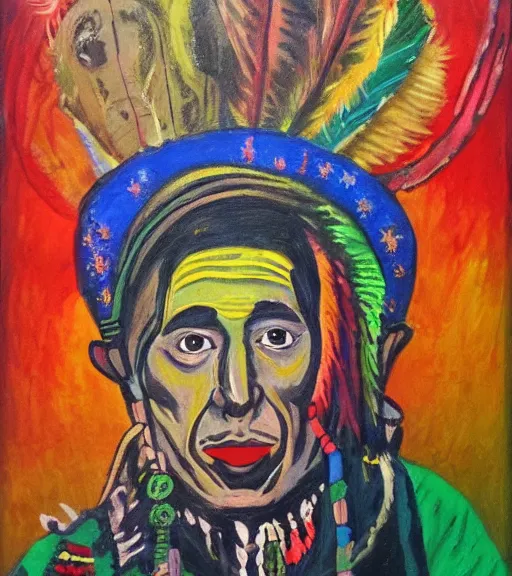 Image similar to Painting of a shaman dressed in a colorful traditional clothes. He is smoking a pipe. From the pipe there is a whole universe escaping and filing the sky