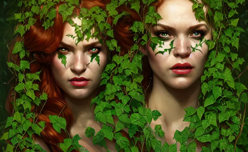 Image similar to poison ivy battle pose, Bane wrapped up in vines, illustration, realistic eyes, artstation, cinematic lighting, hyperdetailed, detailed realistic symmetrical eyes, cgsociety, 8k, high resolution, Charlie Bowater, Tom Bagshaw, Norman Rockwell, insanely detailed and intricate, prison background