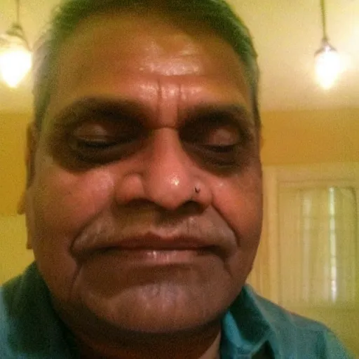 Image similar to my indian dad accidentally taking a selfie with the front camera, squinting because the camera flash is so bright in his face