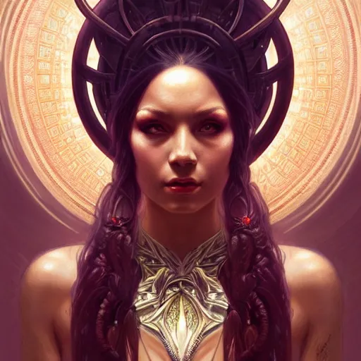 Image similar to perfectly-centered-Portrait of a sinister Goddess, intricate, highly detailed, digital painting, artstation, concept art, smooth, sharp focus, illustration, Unreal Engine 5, 8K, art by artgerm and greg rutkowski and alphonse mucha