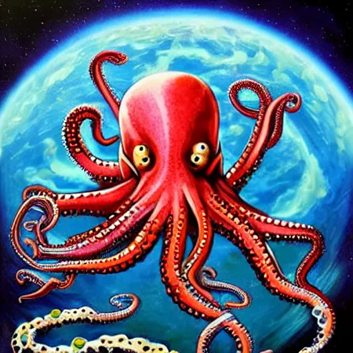 Prompt: steve harvey cyborg octopus, conquering earth, epic battle scene, 8 k, mystical fantasy painting
