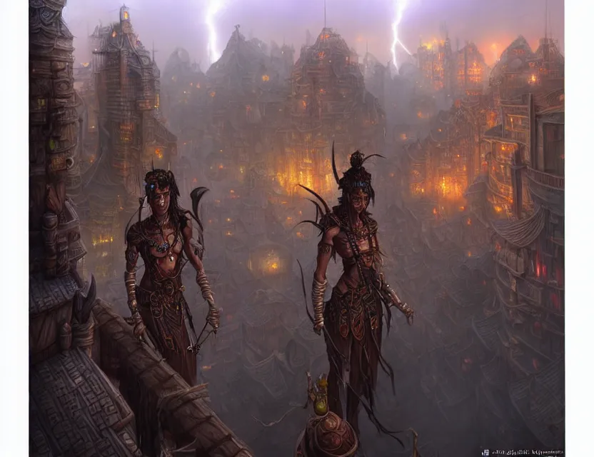 Image similar to you and a tana'ri warrior standing together on the balcony of the planescape city named sigil, crowded street below, beautiful digital painting in the style of wlop, volumetric lightning, intricate details, ultra realistic, by art germ, by gerald brom, fantasypunk, deep colors, amazing d & d art, trending cgsociety, artstation, sharp