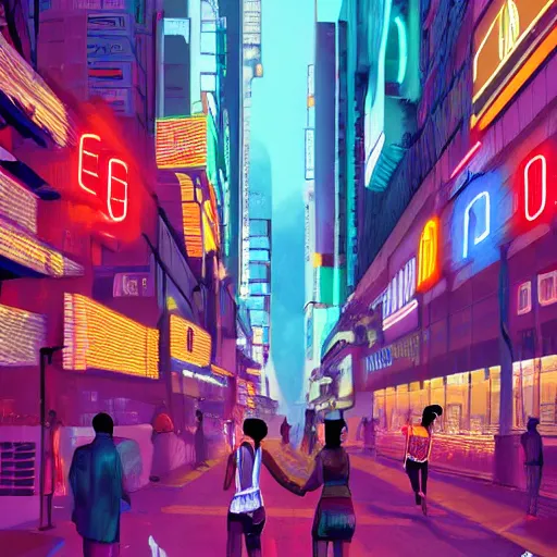 Image similar to ndebele cyberpunk city of the future, bustling street scene, ndebele neon lights, ndebele fashion, high definition, detailed, futuristic, night scene, realistic