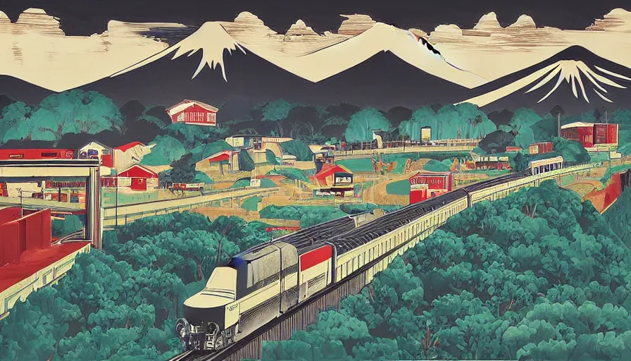 Prompt: award winning graphic design poster, cutouts constructing an contemporary art depicting mount fuji, rural splendor, and bullet train, isolated on white, mixed media painting by jules julien, alex yanes, neo-classical painting