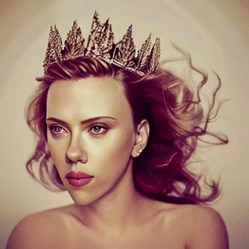 Image similar to “Scarlett Johansson portrait, fantasy, mermaid, cartoon, pearls, glowing hair, shells, gills, crown, water, highlights, starfish”