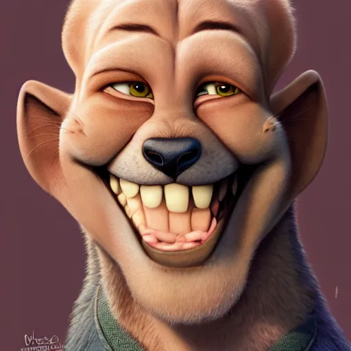 Prompt: portrait of a cartoon bruce willis smiling, medium shot, zootopia, fantasy, intricate, cinematic lighting, digital painting, artstation, concept art, smooth, sharp focus, pixar zootopia illustration, art by artgerm and greg rutkowski and disney, detailed textures, award winning portrait studio lighting by jessica rossier and brian froud and gaston bussiere