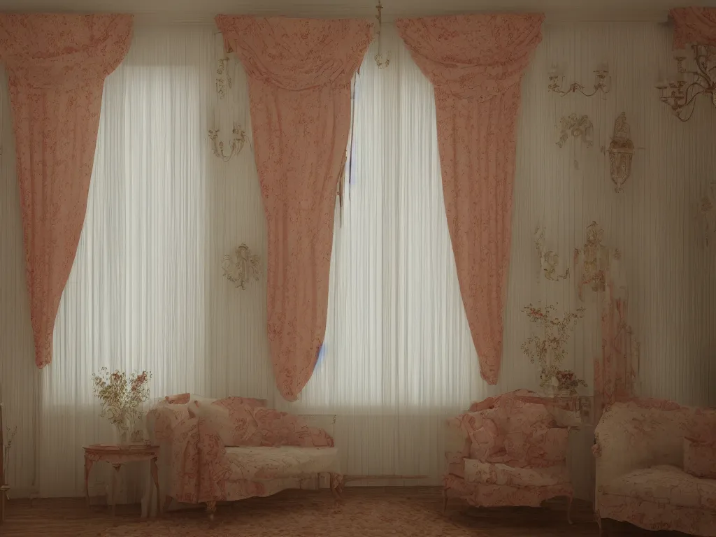 Prompt: 3D render of vintage interior house with very large curtains , High detail, Octane Render, pastel colors , lens 28mm, f 8,