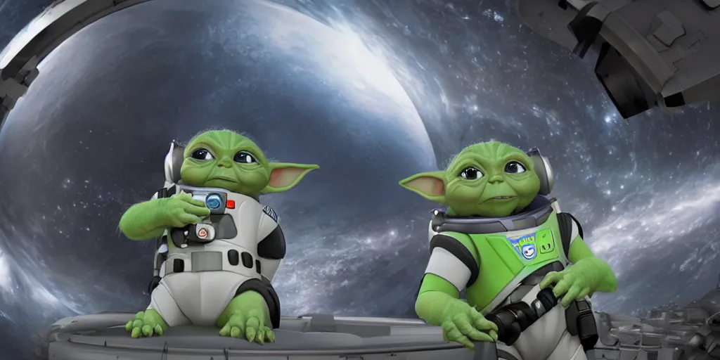 Image similar to a 3 d rendered movie still, wide - angle shot, 1 0 0 meter in the distance, baby yoda wearing a spacesuit, and exploring cosmos in a super awesome space ship. dramatic lighting, imax, 7 0 mm. science fiction blockbuster movie, buzz lightyear.
