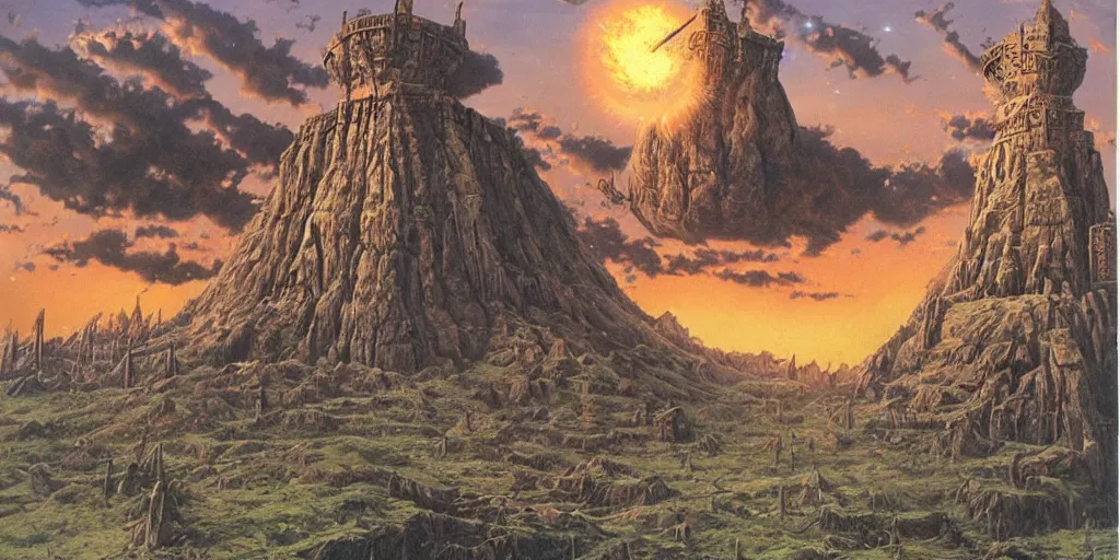 Image similar to artwork of the twin fortress by terry oakes, by erol otus