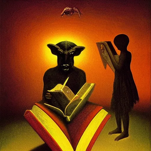 Prompt: Baphomet is reading a book, children gather around him by Zdzisław Beksiński