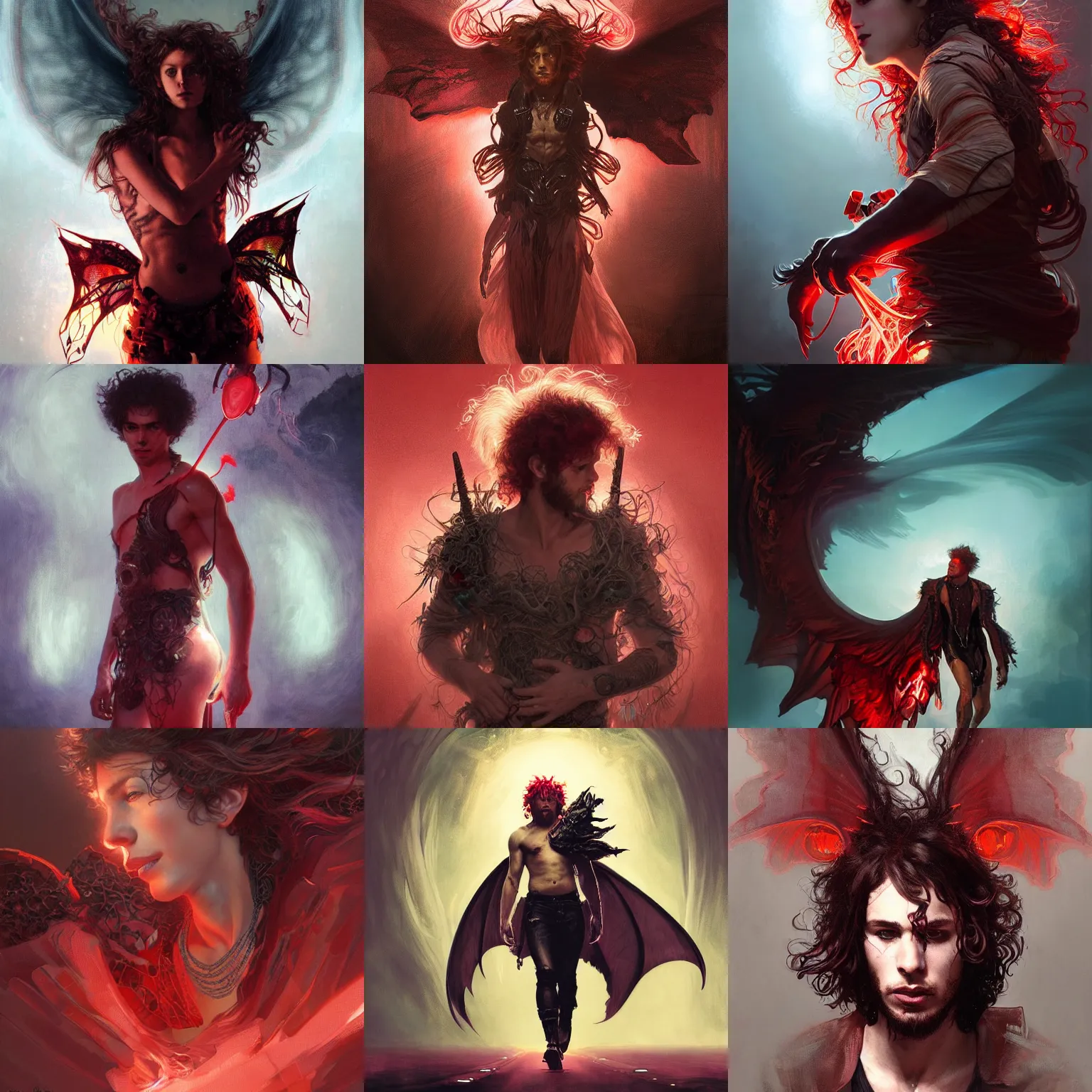 Prompt: young punk rock man with dark brown waist length curly hair and glowing halo of red lightning, giant see through bat wings, ethereal, dramatic lighting, intricate, elegant, highly detailed, digital painting, artstation, concept art, smooth, sharp focus, illustration, art by Krenz Cushart and Artem Demura and alphonse mucha