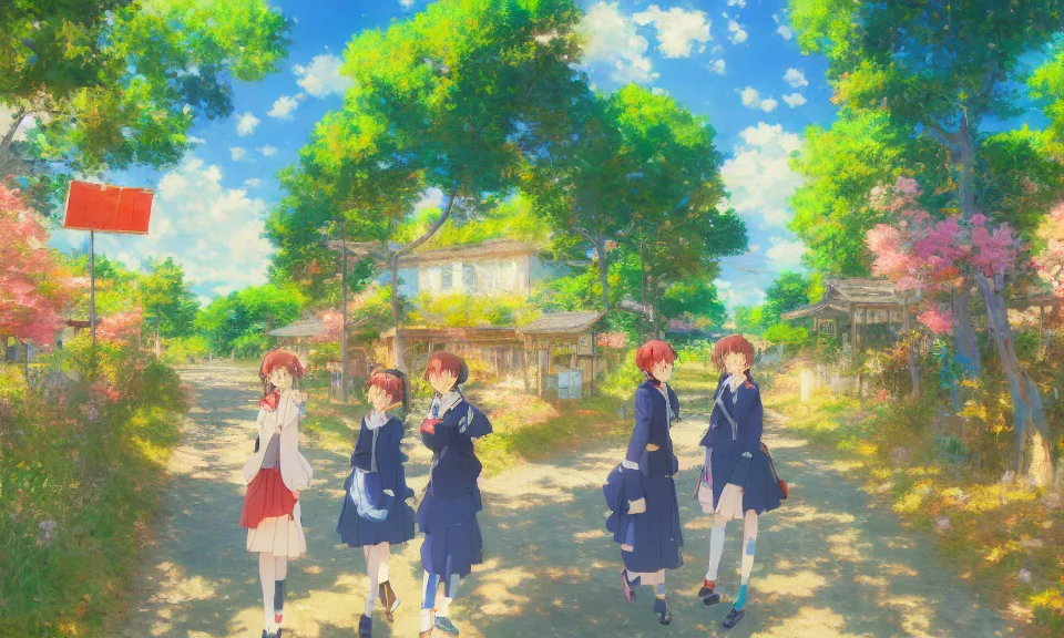 Image similar to impressionist painting of happiness and friendship, rural landscape, kyoto animation, wide shot, dynamic lighting, vivid colors, high detail, award winning