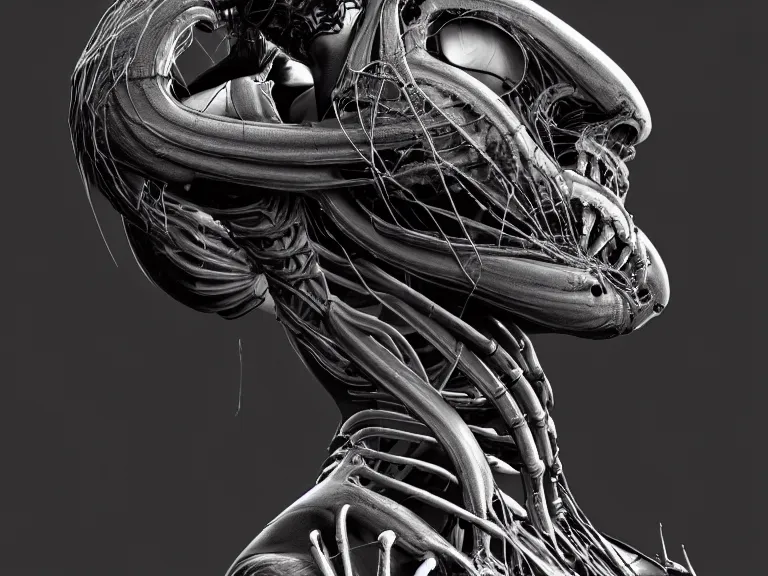 Image similar to a biomechanical woman on the verge of death, by h. r. giger, 8 k, digital painting, stylized, dark gray color scheme, dynamic lighting, octane, trending on artstation