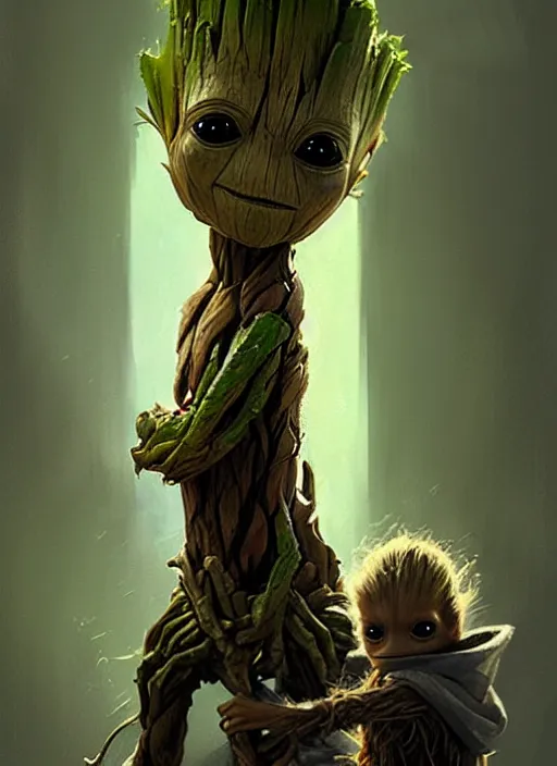 Image similar to very detailed masterpiece painting of groot holding yoda, portrait, artstation, concept art by greg rutkowski