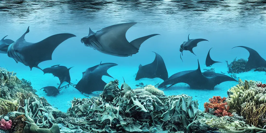 Image similar to hyperrealistic underwater photography, panoramic picture of an ocean floor with in the distance some manta rays. focus on the sharks. the manta rays are anatomically correct and highly detailed. the eyes are intricately detailed. there are lots of bubbles. seaweed and some rocks. gloomy scattered light entering from the water surface, trending on artstation, hq, 4 k