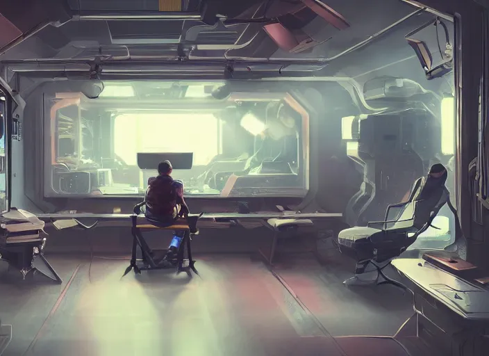 Image similar to a man sitting on a chair with things attached to his head, screens and monitors in front of him playing videos, ship interior, narrow hallway, scifi, dramatic lighting, concept art, surreal