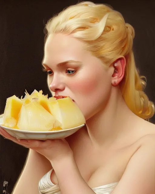 Prompt: Portrait of a fat drunk blond woman eating a pineapple dessert,real life skin, intricate, elegant, highly detailed, artstation, concept art, smooth, sharp focus, art by artgerm and greg rutkowski and alphonse mucha