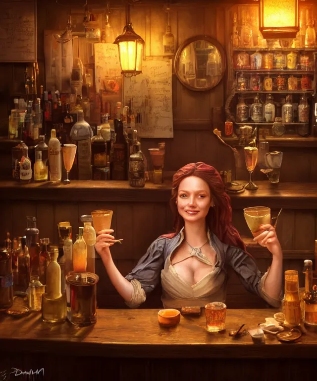 Image similar to hyperrealistic mixed media painting of a beautiful smiling charismatic barmaiden, dimly lit cozy tavern, confident relaxed pose, d&d, stunning 3d render inspired art by Gerlad Brom and Anna Dittmann + perfect facial symmetry + dim volumetric lighting, 8k octane beautifully detailed render, post-processing, extremely hyperdetailed, intricate, epic composition, grim yet sparkling atmosphere, cinematic lighting + masterpiece, trending on artstation, very very detailed, masterpiece, stunning