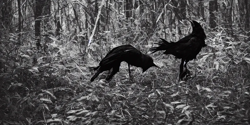 Image similar to mixture between an!! crow and! wolf, photograph captured in a dark forest