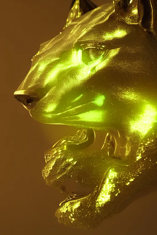 Prompt: portrait, gorgeous peridot gemstone, semi - transparent, wolf statue with gold filigree, inner glow, shiny, hd, octane render, 8 k