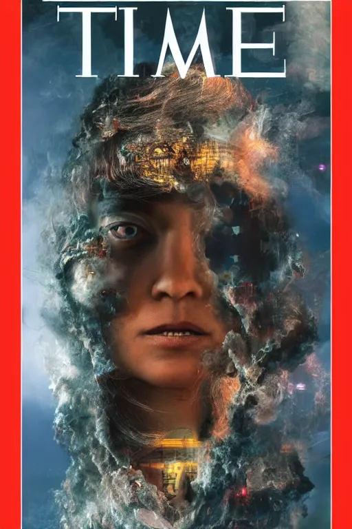 Image similar to TIME magazine cover, the coming AI singularity, intricate, 8k, HDR, CG Society