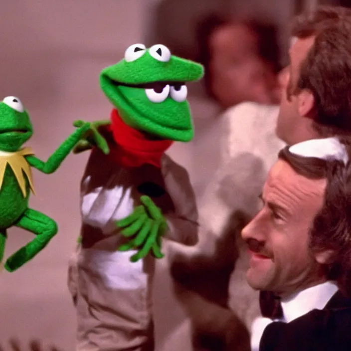 Image similar to movie still of Emmanuel Macron taking cocaine with Kermit in the muppet show, grainy picture cinemastill 800t 70s movie 18mm