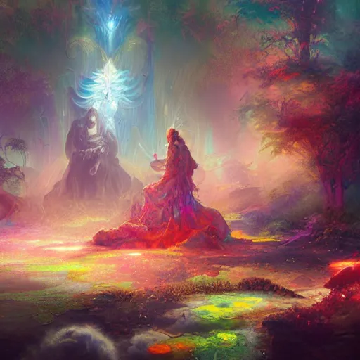 Prompt: a psychedelic realm where astral beings share love, greg rutkowski, wlop, lisa frank, bob ross, ruan jia, illustration