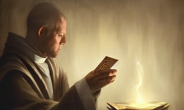 Image similar to priest doing a card trick, cardistry, swarm of cards, fantasy, digital art, soft lighting, nature, 8 k, fantasy concept art by greg rutkowski