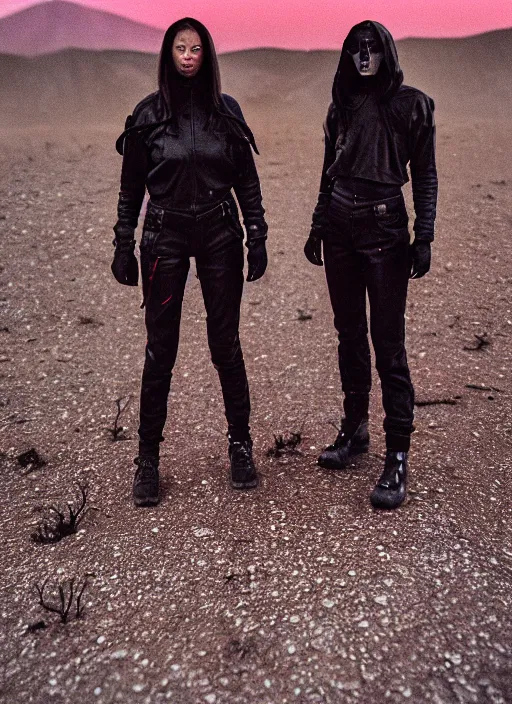 Image similar to cinestill 5 0 d photographic portrait of two loving androids, beautiful women wearing rugged black techwear on a desolate plain with a red sky, extreme closeup, lizard on ground, cyberpunk style, in front of a brutalist dark metal facility, dust storm, 3 5 mm, 8 k, f / 3 2, high resolution, ultra realistic faces