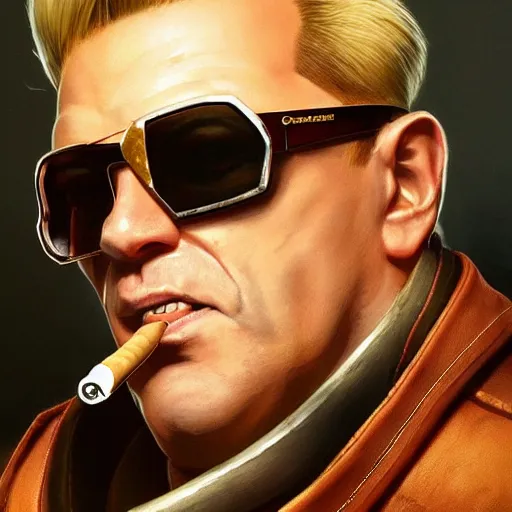 Prompt: !Duke Nukem 3D, square jaw-line, 'groovy', shield sunglasses, large cigar, intricate, cinematic lighting, highly detailed, digital painting, concept art, smooth, sharp focus, illustration, art by Artgerm and Greg Rutkowski, Cgsociety