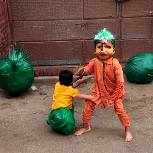 Prompt: indian boy dressed as an onion getting bullied