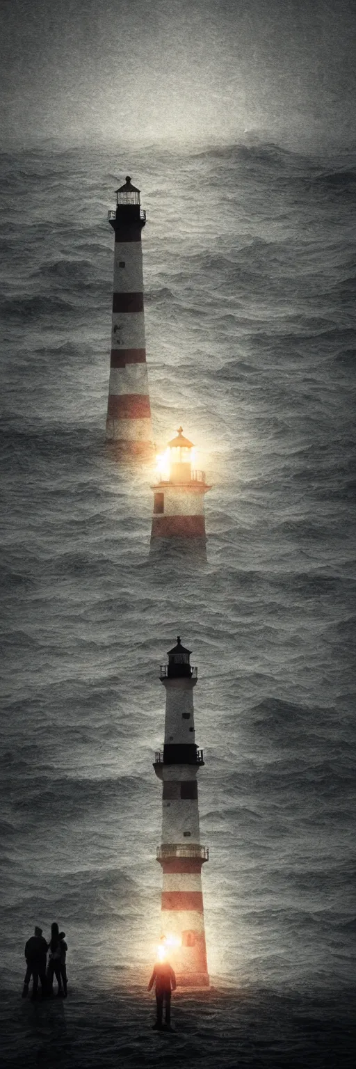 Image similar to lighthouse in the middle of the ocean, covered in silent hill style sigils, horror, person standing with a lantern centered in the foreground, spooky, scary