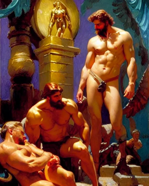 Image similar to muscular zeus watches closely as a handsome, attractive male doctor performs surgery on a patient, bright colors, painting by gaston bussiere, craig mullins, j. c. leyendecker