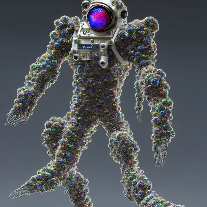 Image similar to a cybernetic symbiosis of a single astronaut mech-organic eva suit made of pearlescent wearing anodized thread knitted shiny ceramic multi colored yarn thread infected with kevlar,ferrofluid drips,carbon fiber,ceramic cracks,gaseous blob materials and diamond 3d fractal lace iridescent bubble 3d skin dotted covered with orb stalks of insectoid compound eye camera lenses orbs floats through the living room, film still from the movie directed by Denis Villeneuve with art direction by Salvador Dalí, wide lens,