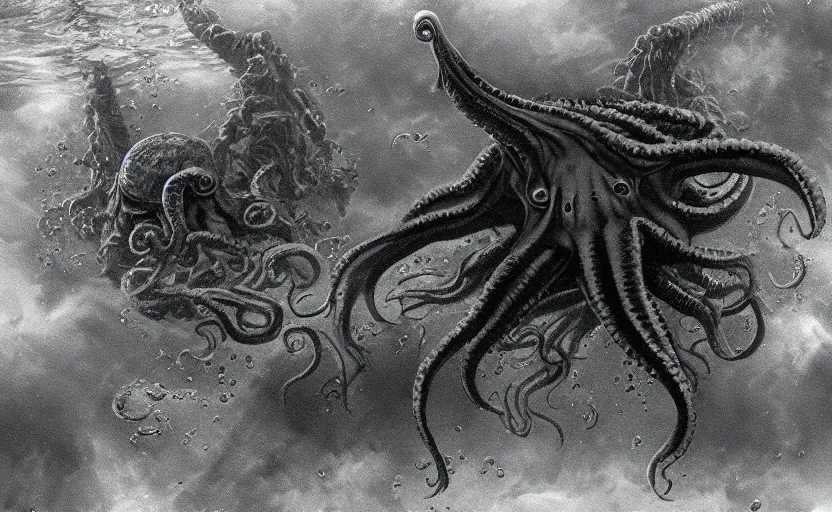 Image similar to cthulhu underwater looking up. matte painting.