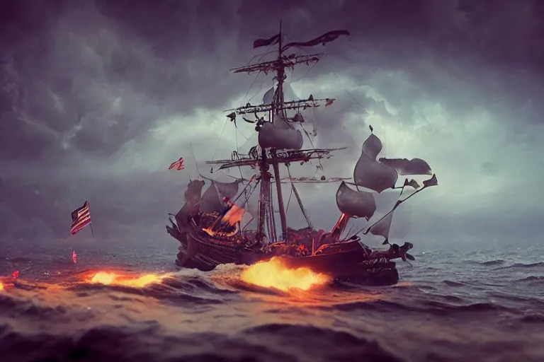 Image similar to epic pirate ship cannon battle in a storm, in the style of vernon grant and chris van allsburg, trending on artstation, bright tilt - shift camcorder effect, photoshop, retrowave, hyperrealism, octane, sharp focus, masterpiece
