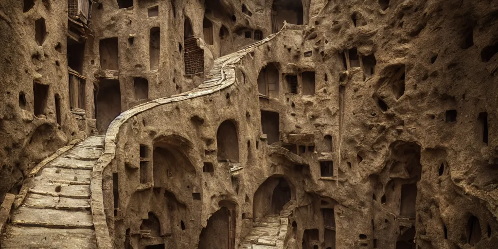 Prompt: very a deep chasm, houses are carved into the sidewalls, long winding stairs going down, 8 k, shallow depth of field, moody lighting, ultra high detail, concept art,