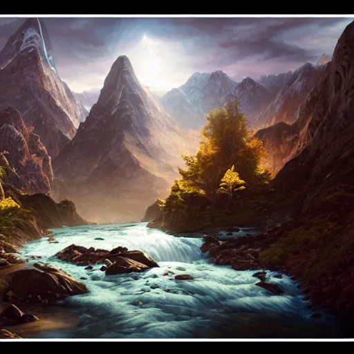 Image similar to a mountain range with a river flowing through it by akihito tsukushi, backlight, rim lighting, deep focus, d & d, fantasy, intricate, elegant, highly detailed, digital painting, artstation, concept art, matte, centered, sharp focus, illustration, hearthstone, art by artgerm, greg rutkowski and alphonse mucha