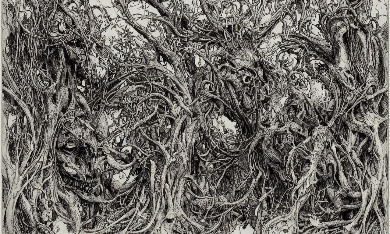 Image similar to hyperdetailed art nouveau portrait of treebeard and swamp thing as a cthulhu eyeball moose skull wendigo swamp thing creatures, by michael kaluta, pushead and bill sienkiewicz, photorealism, claws, skeleton, antlers, fangs, forest, wild, bizarre, scary, lynn varley, lovern kindzierski, steve oliff