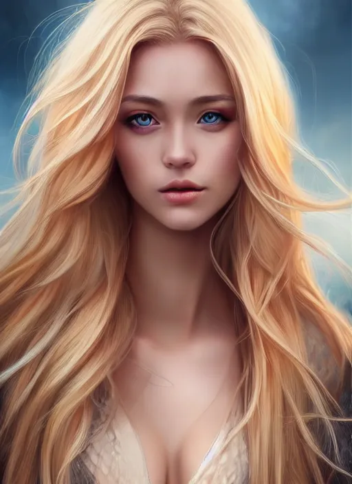 Image similar to photo of a gorgeous female with long blonde hair in the style of stefan kostic, realistic, full body shot, wide angle, sharp focus, 8 k high definition, insanely detailed, intricate, elegant, art by stanley lau and artgerm, floating embers