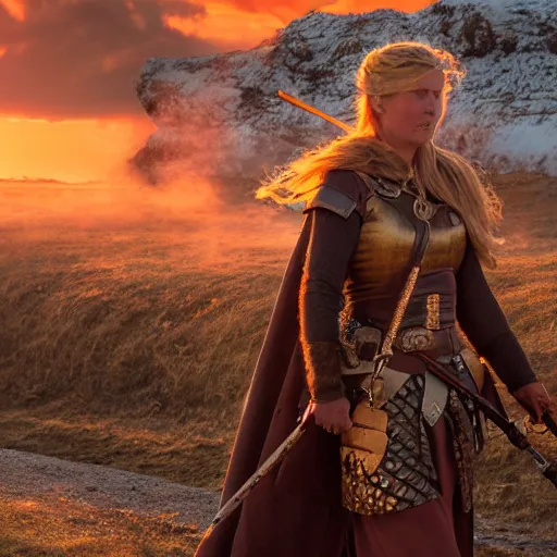 Image similar to an old norse queen going to war with her army, golden hour, 8 k uhd, awe - inspiring.