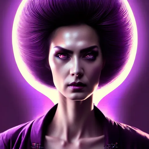 Image similar to woman with extremely large and intricate haircut with angry purple eyes and slim features looking askance, eye cyberpunk bionics, retro futurist style, intricate, elegant gleaming intricate baroque jewelry, angelic halo, highly detailed, digital painting, artstation, concept art, smooth, sharp focus, illustration, art by wlop, mars ravelo and greg rutkowski,